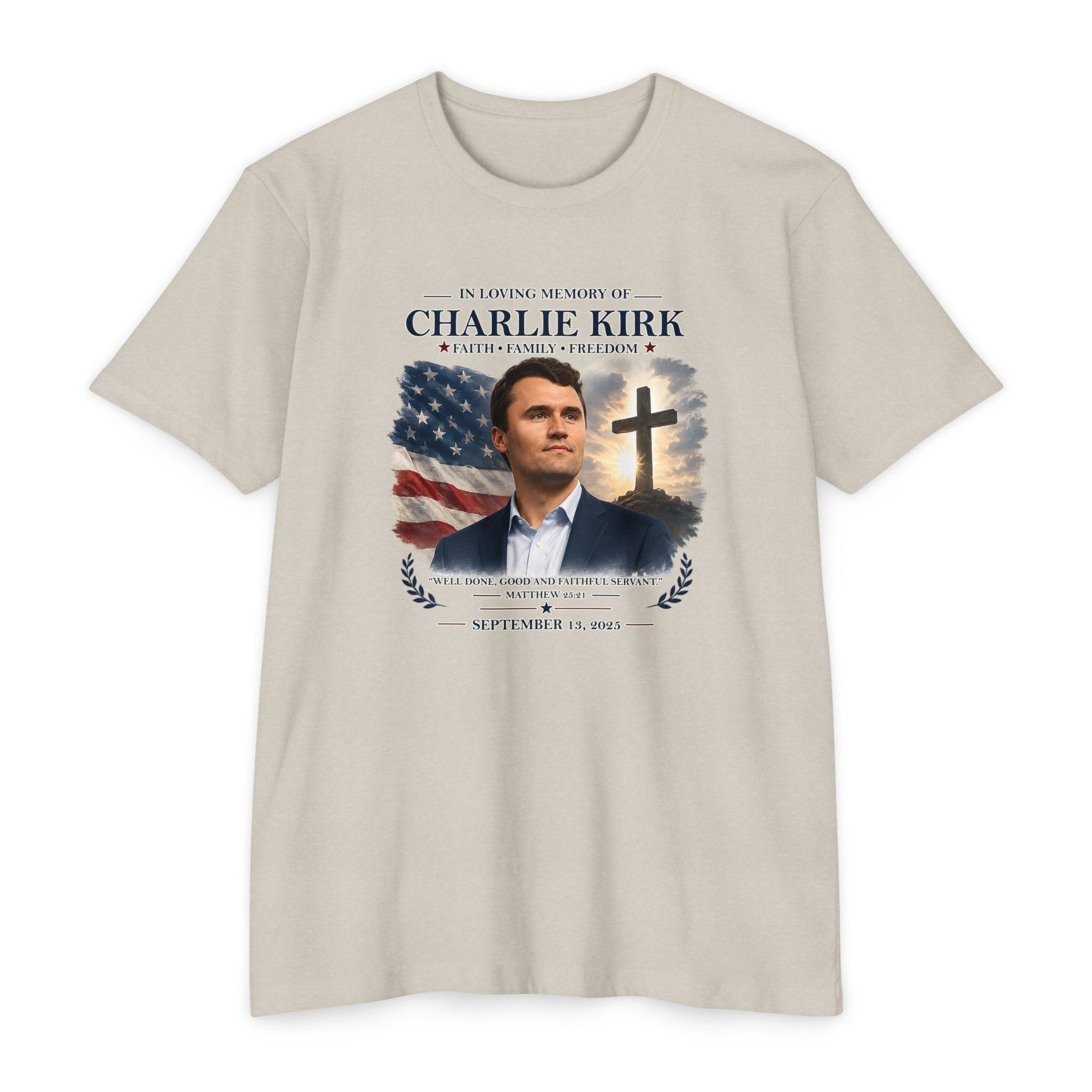 Memorial T-Shirt — "In Loving Memory of Charlie Kirk" Tribute Tee with Flag & Cross - PatriotDepot.com