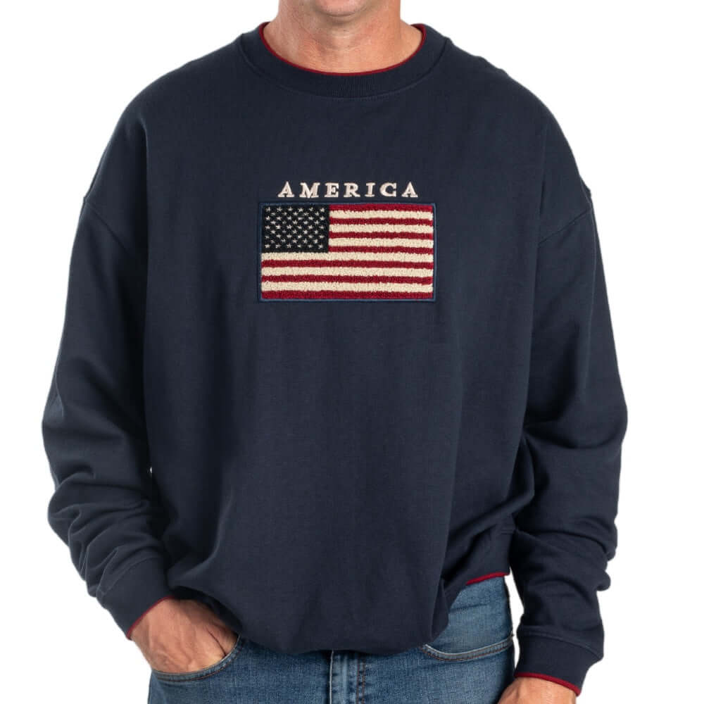 Men's American Flag Embroidered Crewneck Sweatshirt | Navy - PatriotDepot.com