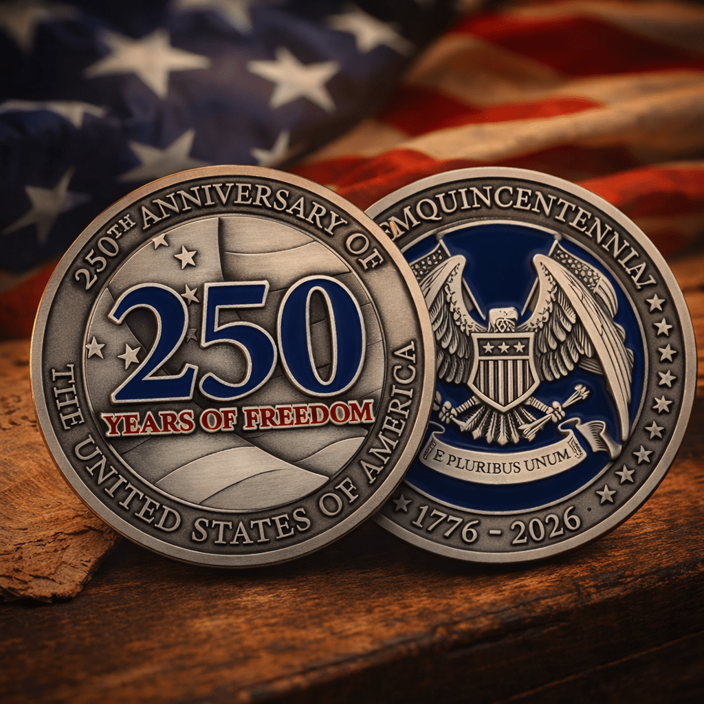 Offical Liberty Forged: America’s 250th Anniversary Premium 3D Challenge Coin (1776–2026) - PatriotDepot.com