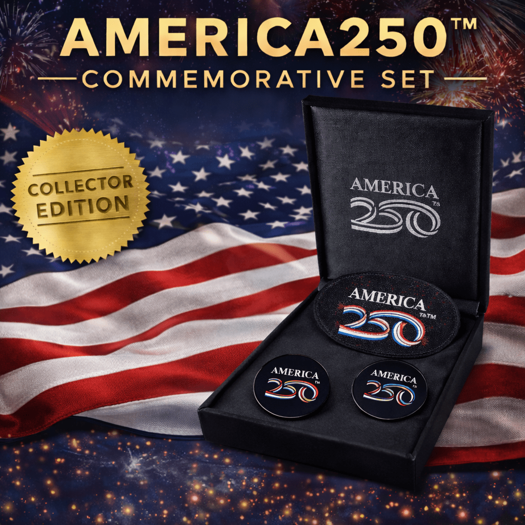 Official America250™ Commemorative Set — Patch, Pin & Challenge Coin - PatriotDepot.com