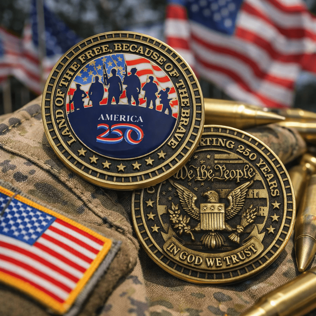 Official America250™ Land of the Free Because of the Brave | We the People Challenge Coin - PatriotDepot.com
