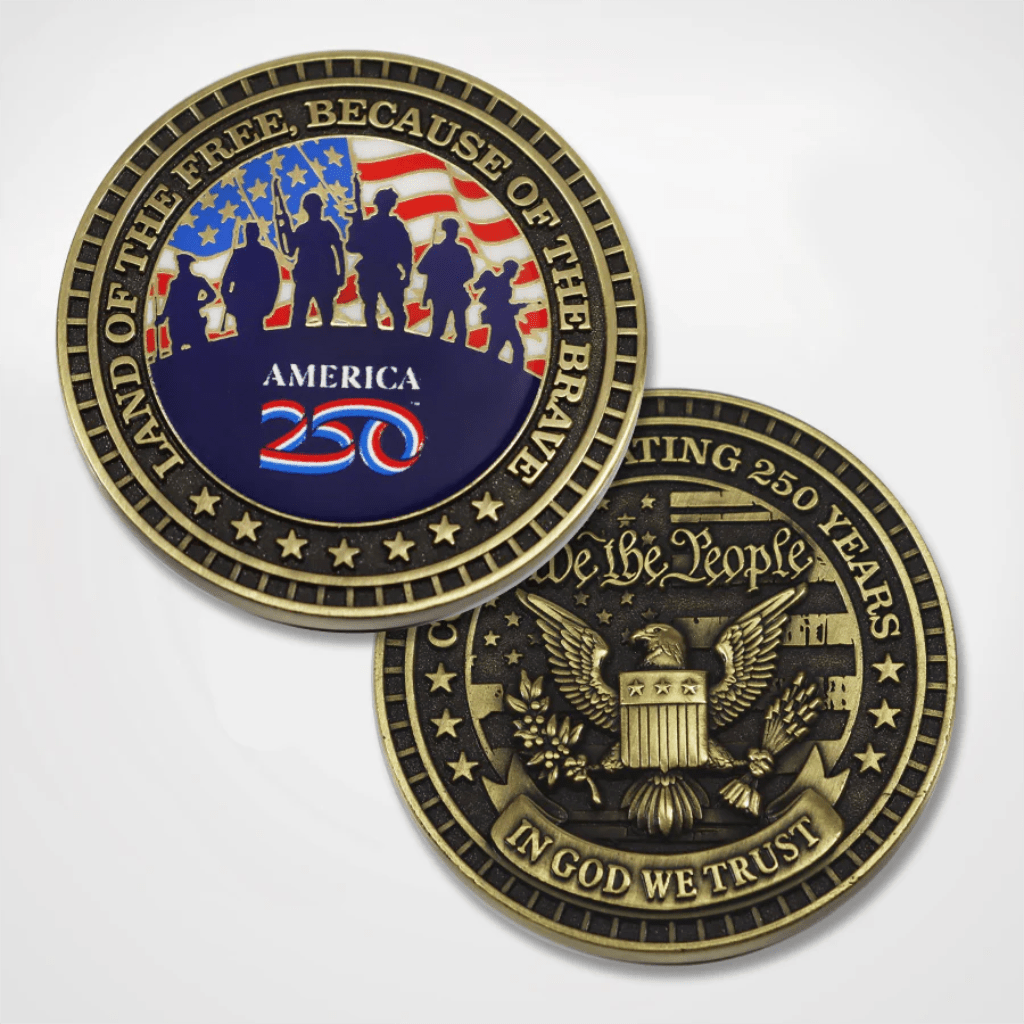 Official America250™ Land of the Free Because of the Brave | We the People Challenge Coin - PatriotDepot.com