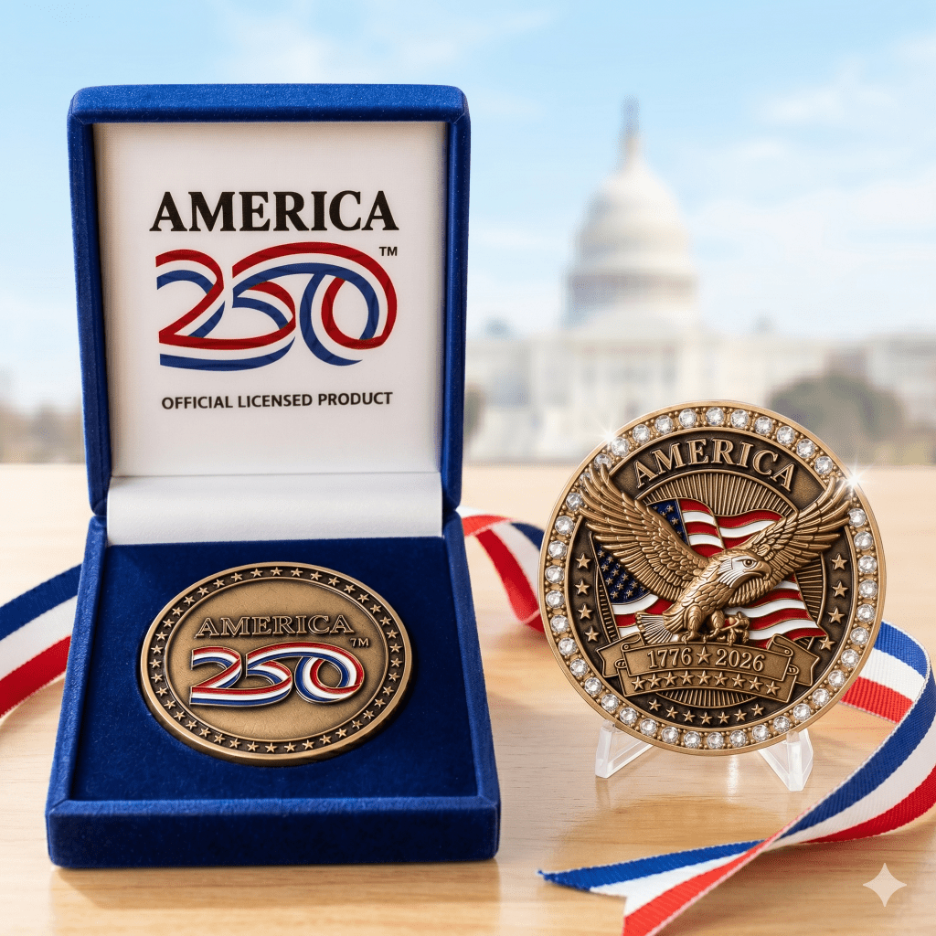 Official America250™ Legacy Challenge Coin | 1776–2026 Burnished Edition | Velvet Presentation Case - PatriotDepot.com
