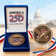 Official America250™ Legacy Challenge Coin | 1776–2026 Burnished Edition | Velvet Presentation Case - PatriotDepot.com