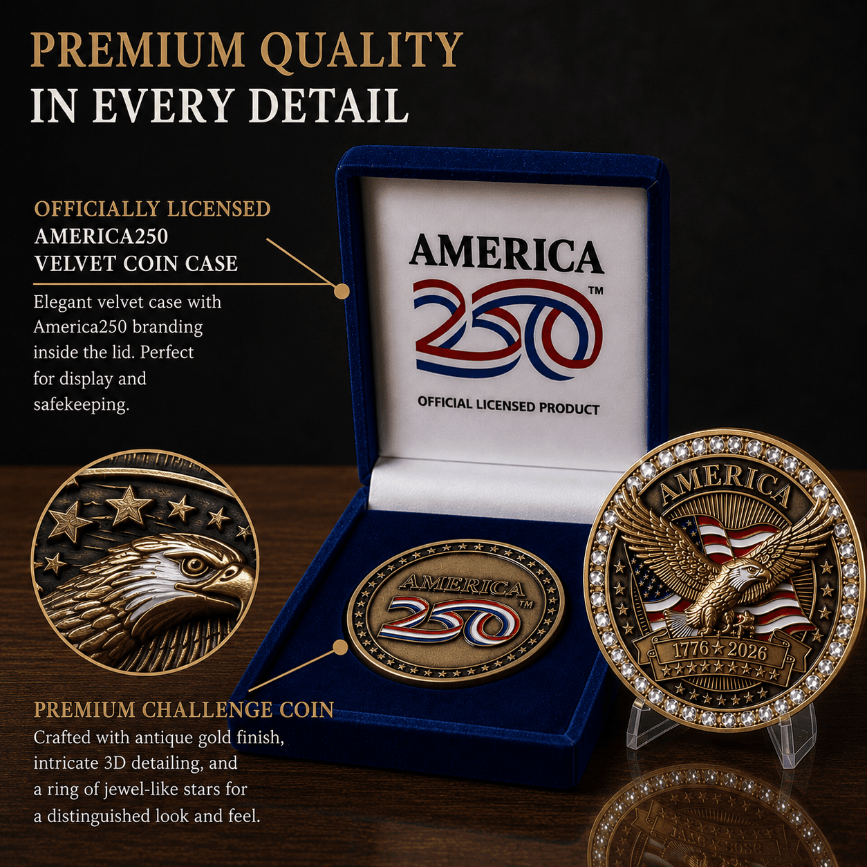 Official America250™ Legacy Challenge Coin | 1776–2026 Burnished Edition | Velvet Presentation Case - PatriotDepot.com