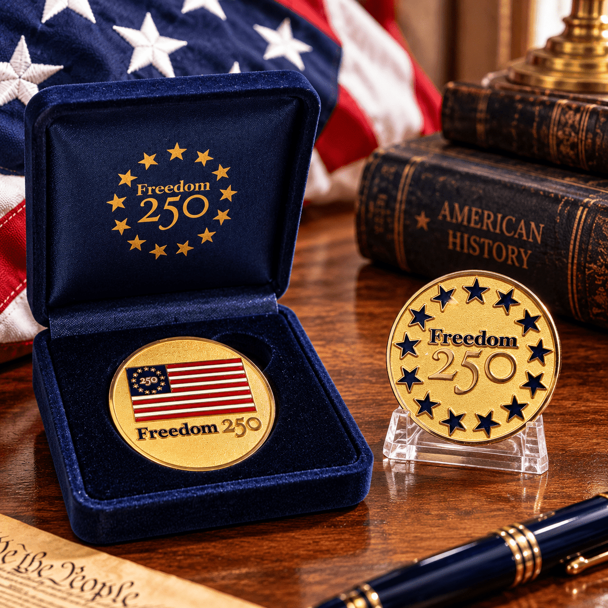 Officially Liscensed Freedom 250™ Challenge Coin | Gold Limited Edition - PatriotDepot.com