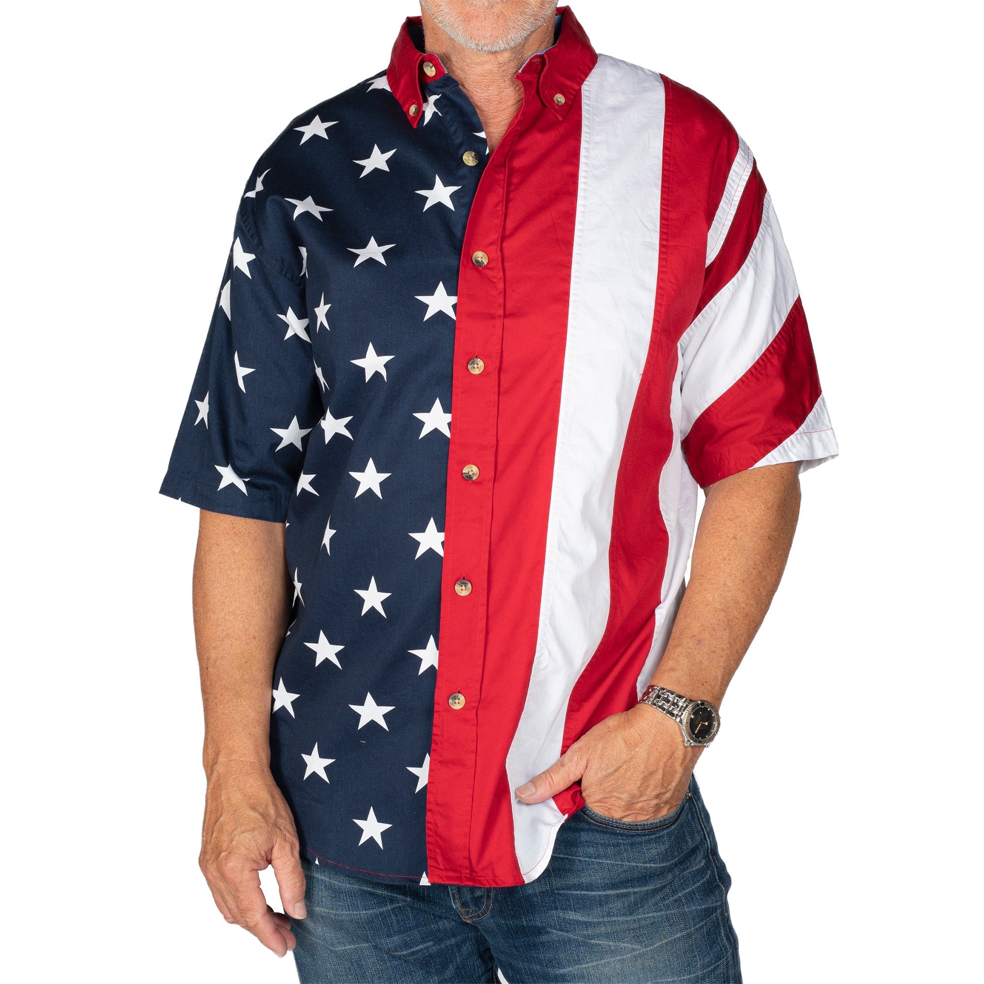 Old Glory Stars & Stripes Button - Up Shirt (100% Cotton) - PatriotDepot.com