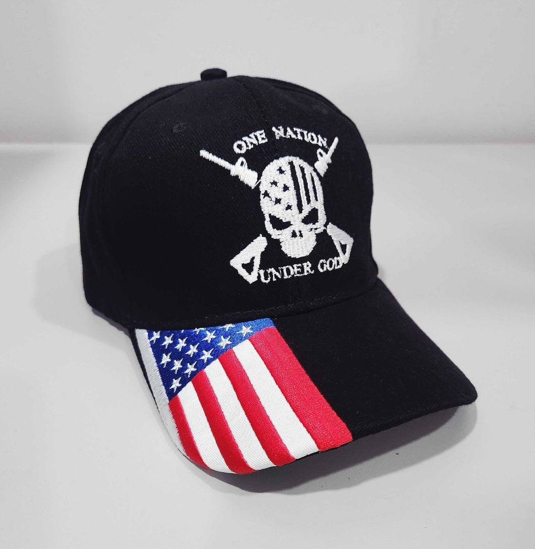 One Nation Under God Skull Custom Embroidered Hat w/ Flag Bill - PatriotDepot.com