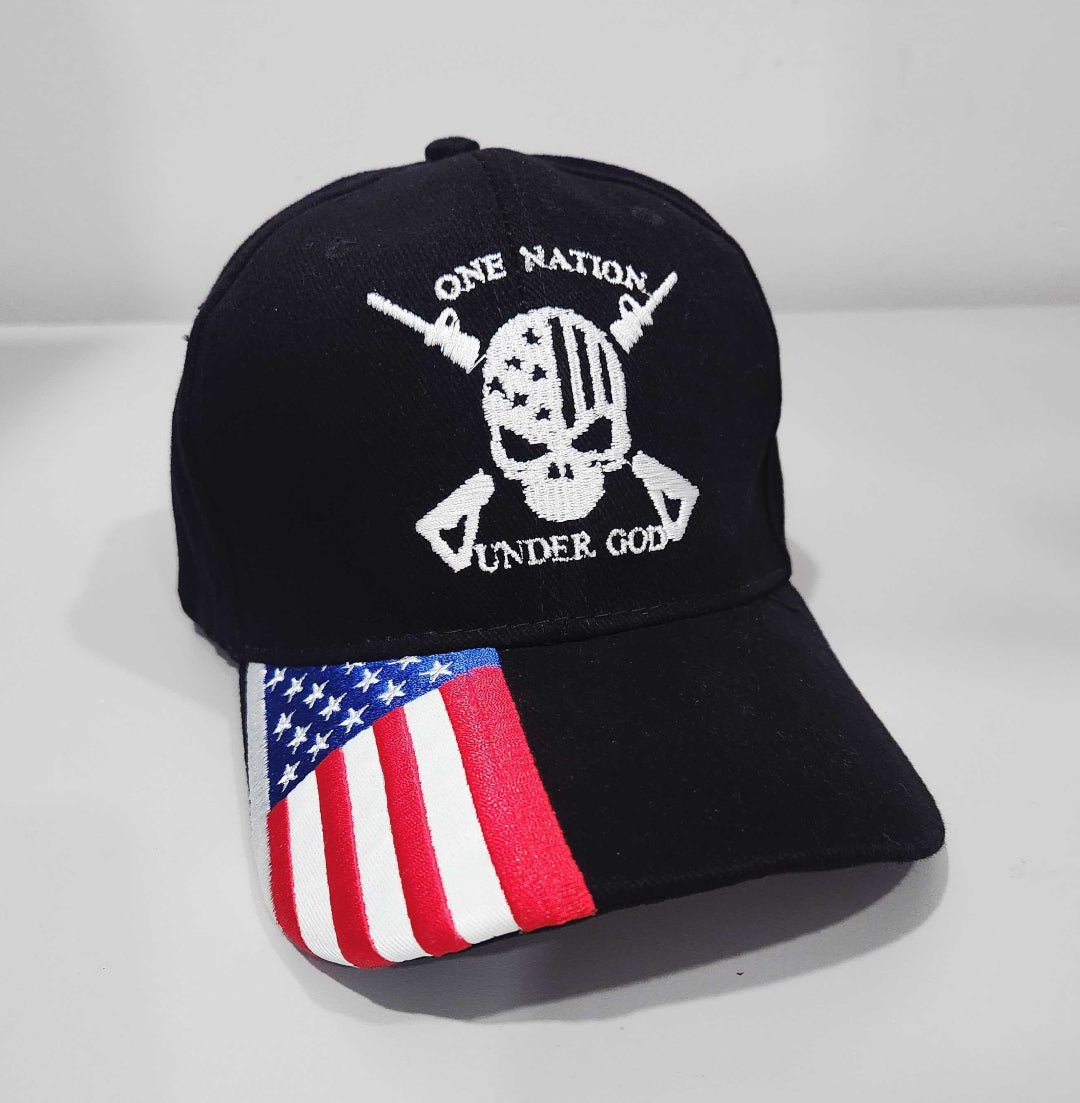 One Nation Under God Skull Custom Embroidered Hat w/ Flag Bill - PatriotDepot.com