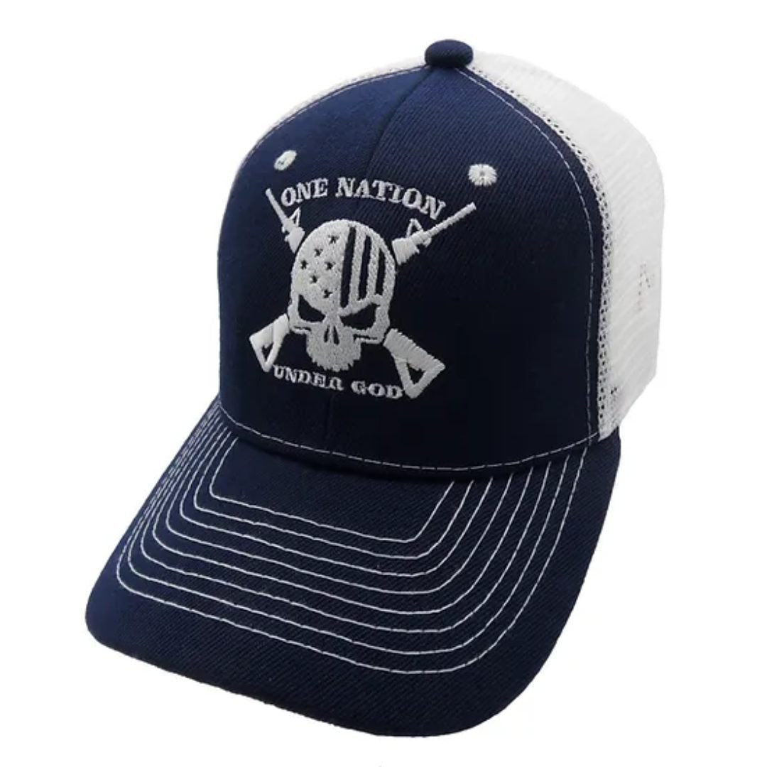 One Nation Under God Skull Custom Embroidered Trucker Style Hat (Navy) - PatriotDepot.com