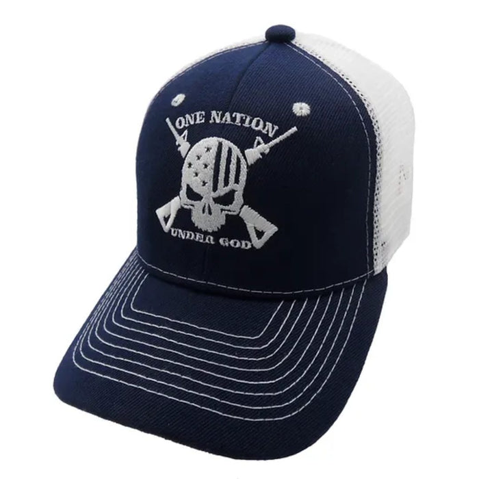 One Nation Under God Skull Custom Embroidered Trucker Style Hat (Navy)