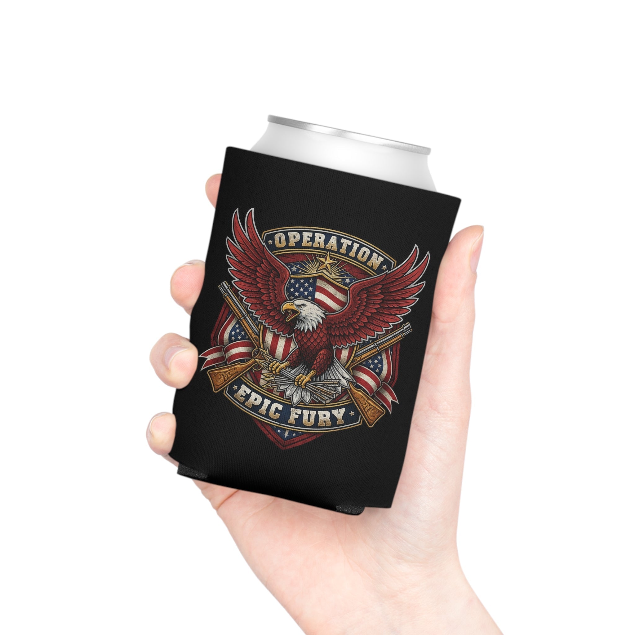 Operation Epic Fury Eagle Can Cooler — Patriotic American Flag Military Design - PatriotDepot.com