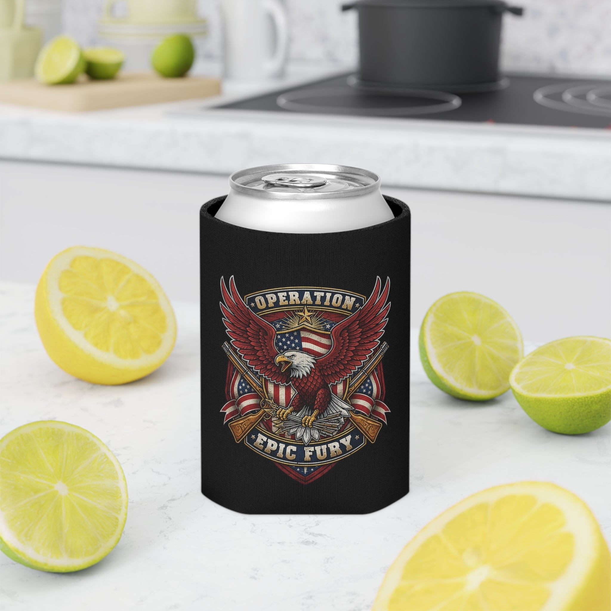 Operation Epic Fury Eagle Can Cooler — Patriotic American Flag Military Design - PatriotDepot.com