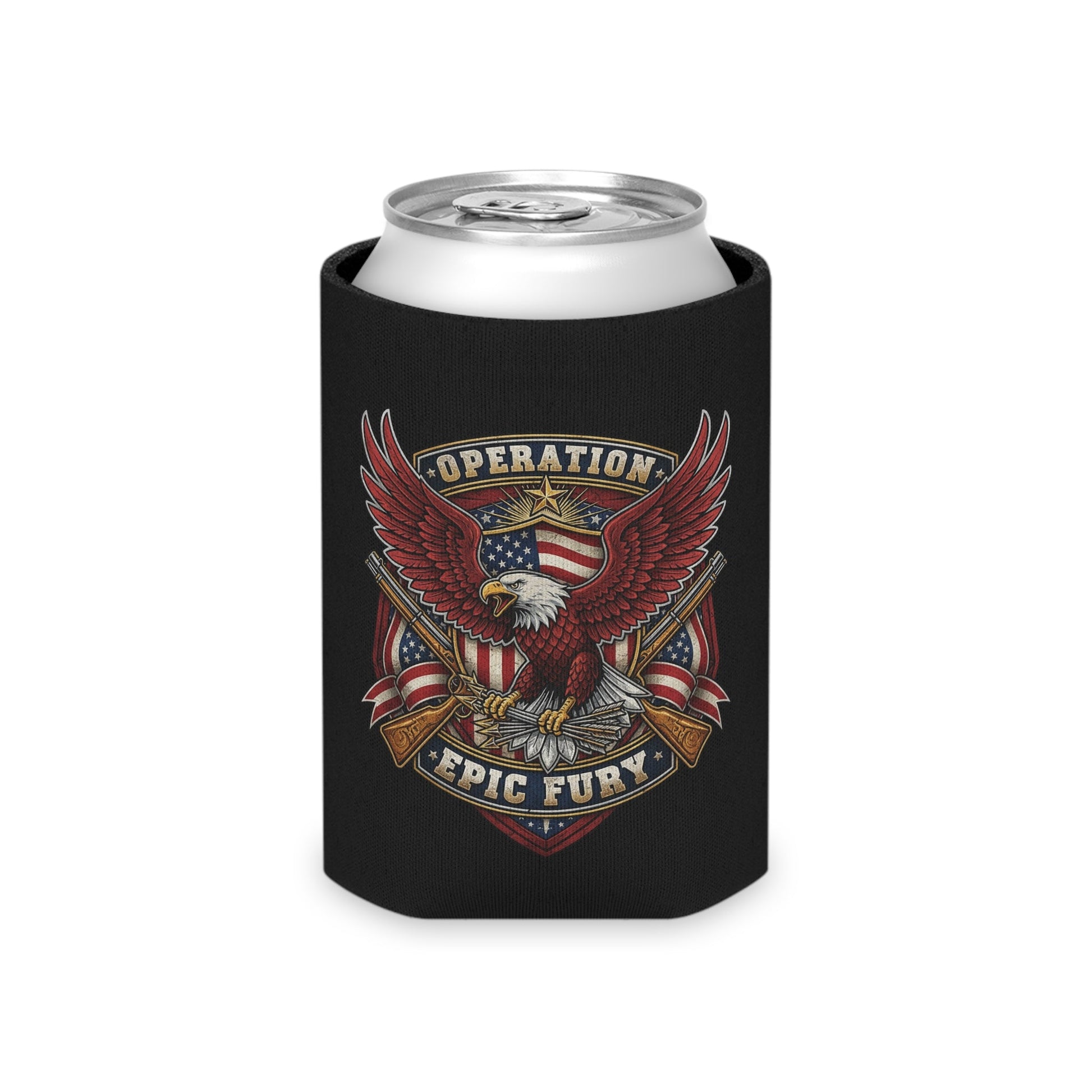 Operation Epic Fury Eagle Can Cooler — Patriotic American Flag Military Design - PatriotDepot.com