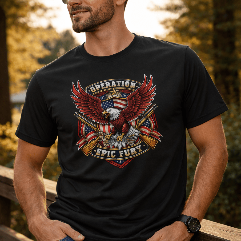Operation Epic Fury Eagle T-Shirt — Patriotic American Flag Military Design - PatriotDepot.com
