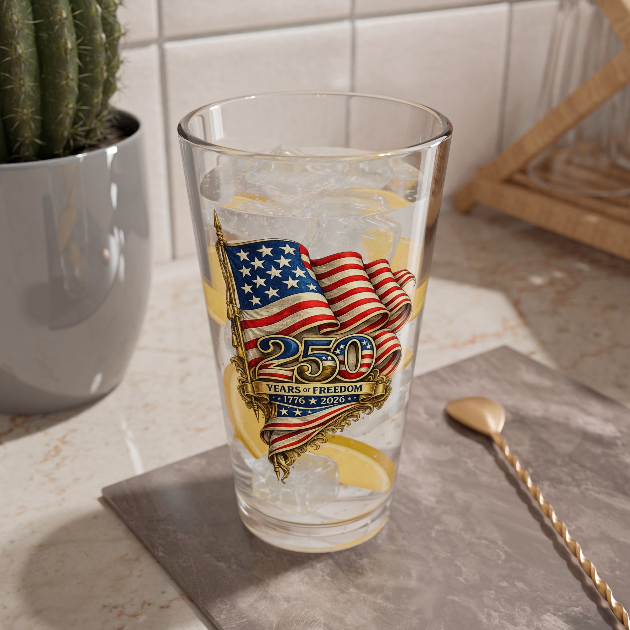 Patriotic 250 Years of Freedom American Flag Glass - PatriotDepot.com