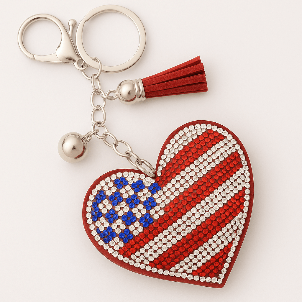Patriotic American Heart Flag Crystal Keychain - PatriotDepot.com