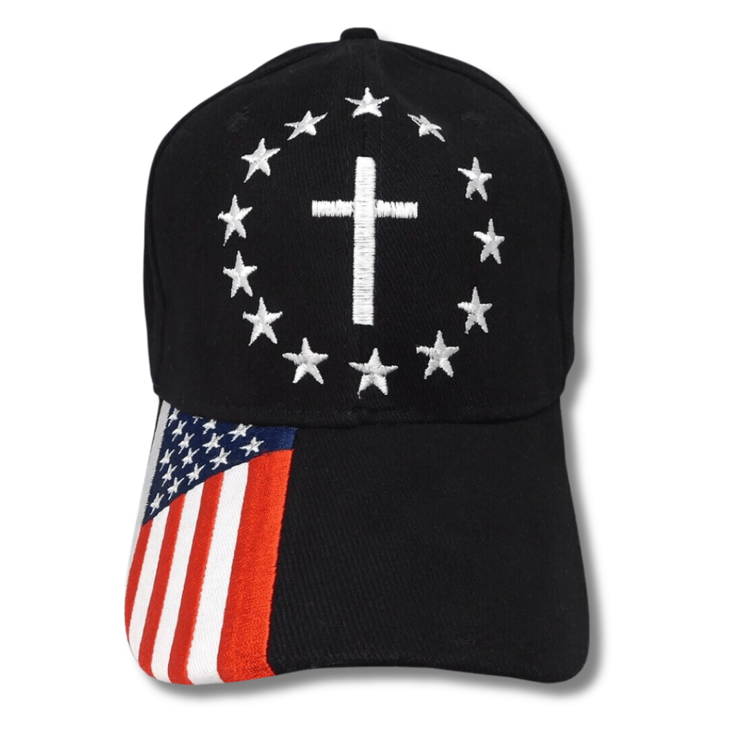 Patriotic Cross Embroidered Hat w/flag bill - PatriotDepot.com