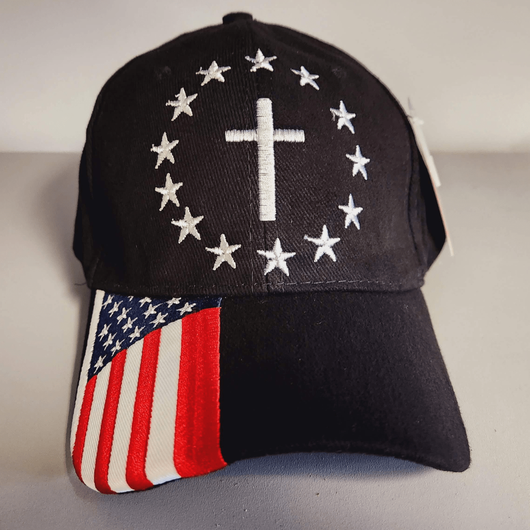Patriotic Cross Embroidered Hat w/flag bill - PatriotDepot.com