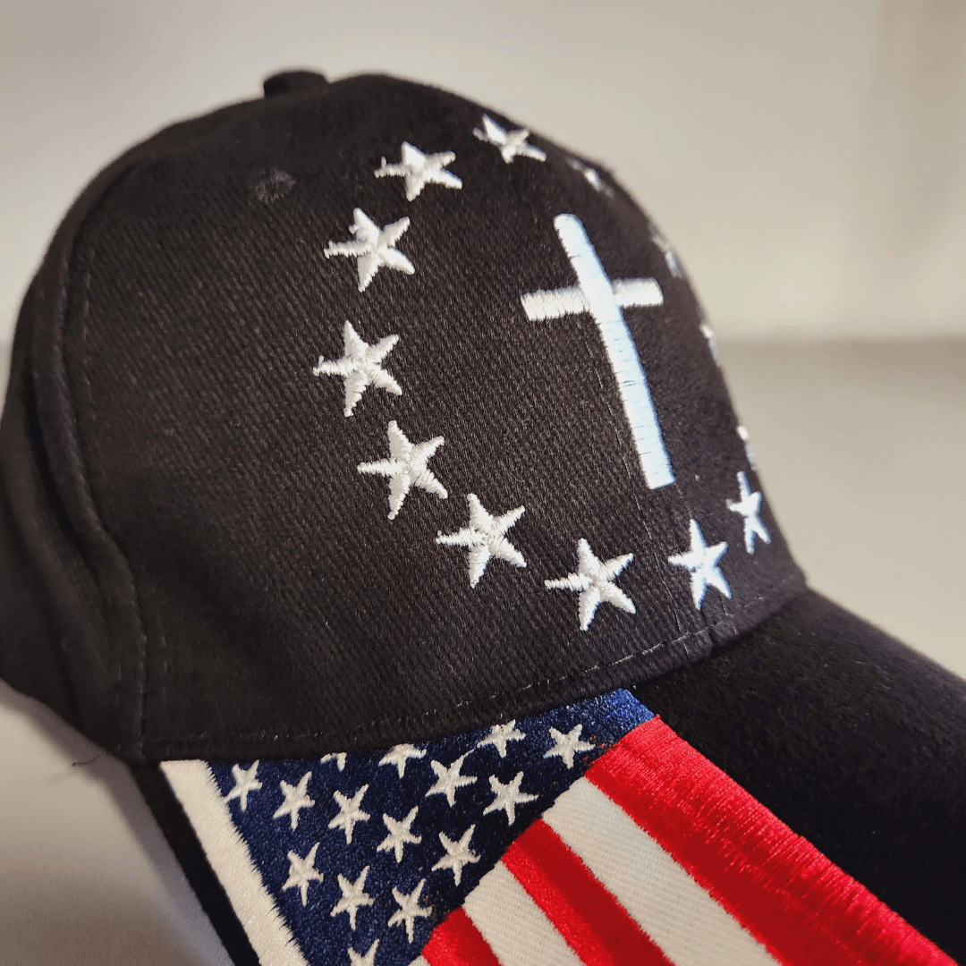 Patriotic Cross Embroidered Hat w/flag bill - PatriotDepot.com