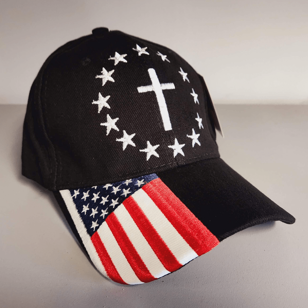 Patriotic Cross Embroidered Hat w/flag bill - PatriotDepot.com