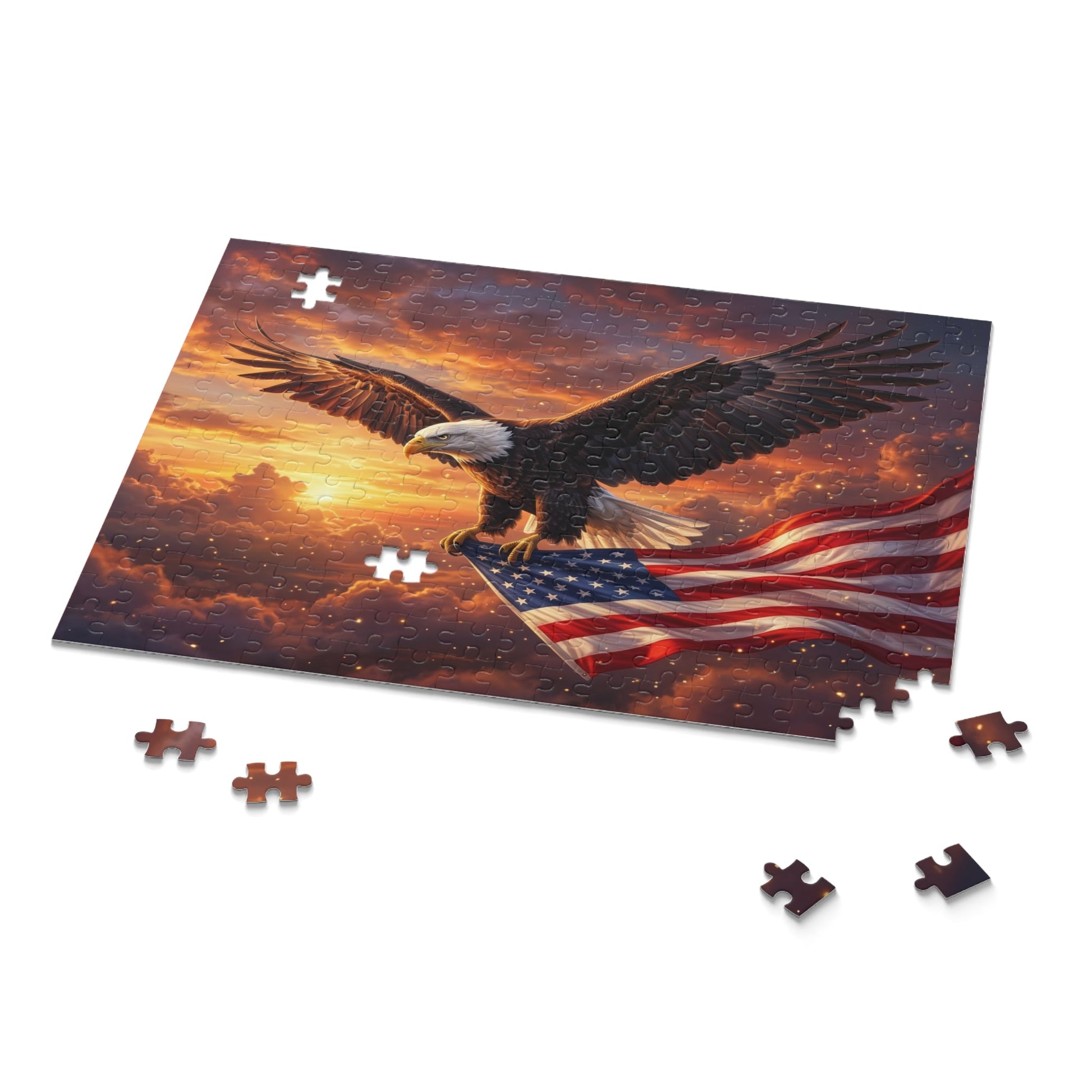 Patriotic Eagle & American Flag Puzzle — Scenic Sunset Custom Puzzle (120/252/500 pcs) - PatriotDepot.com