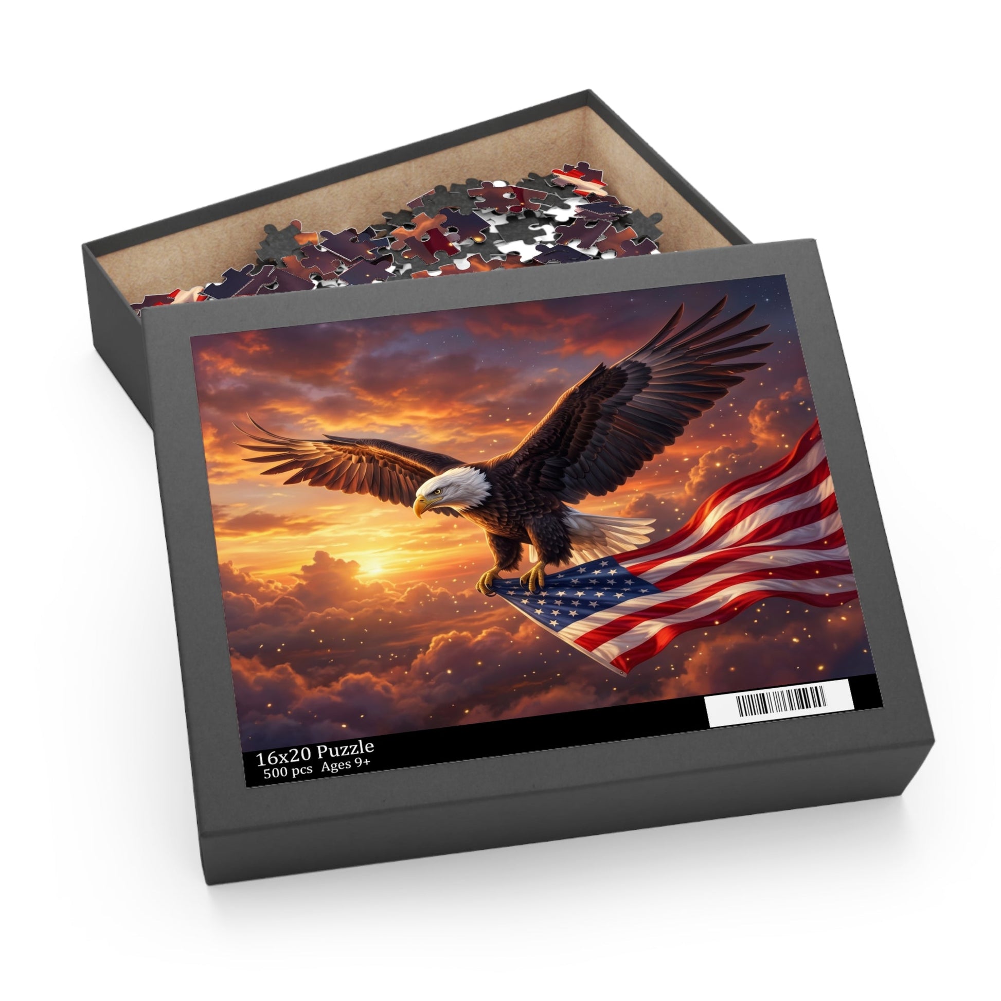 Patriotic Eagle & American Flag Puzzle — Scenic Sunset Custom Puzzle (120/252/500 pcs) - PatriotDepot.com