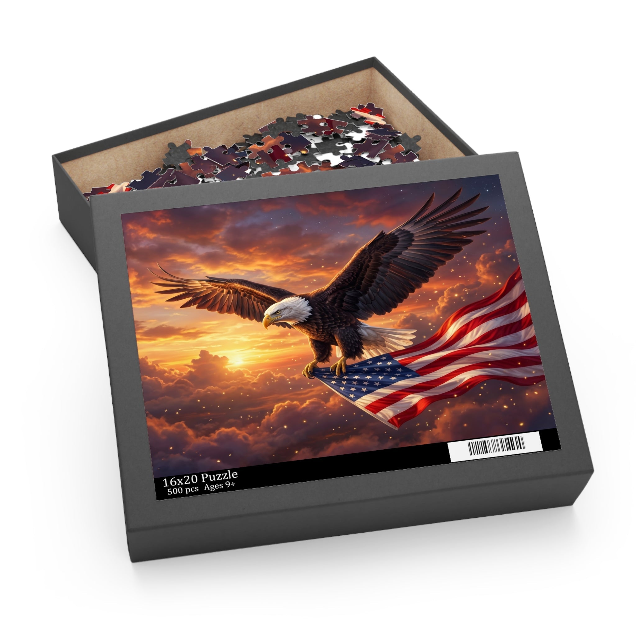 Patriotic Eagle & American Flag Puzzle — Scenic Sunset Custom Puzzle (120/252/500 pcs) - PatriotDepot.com
