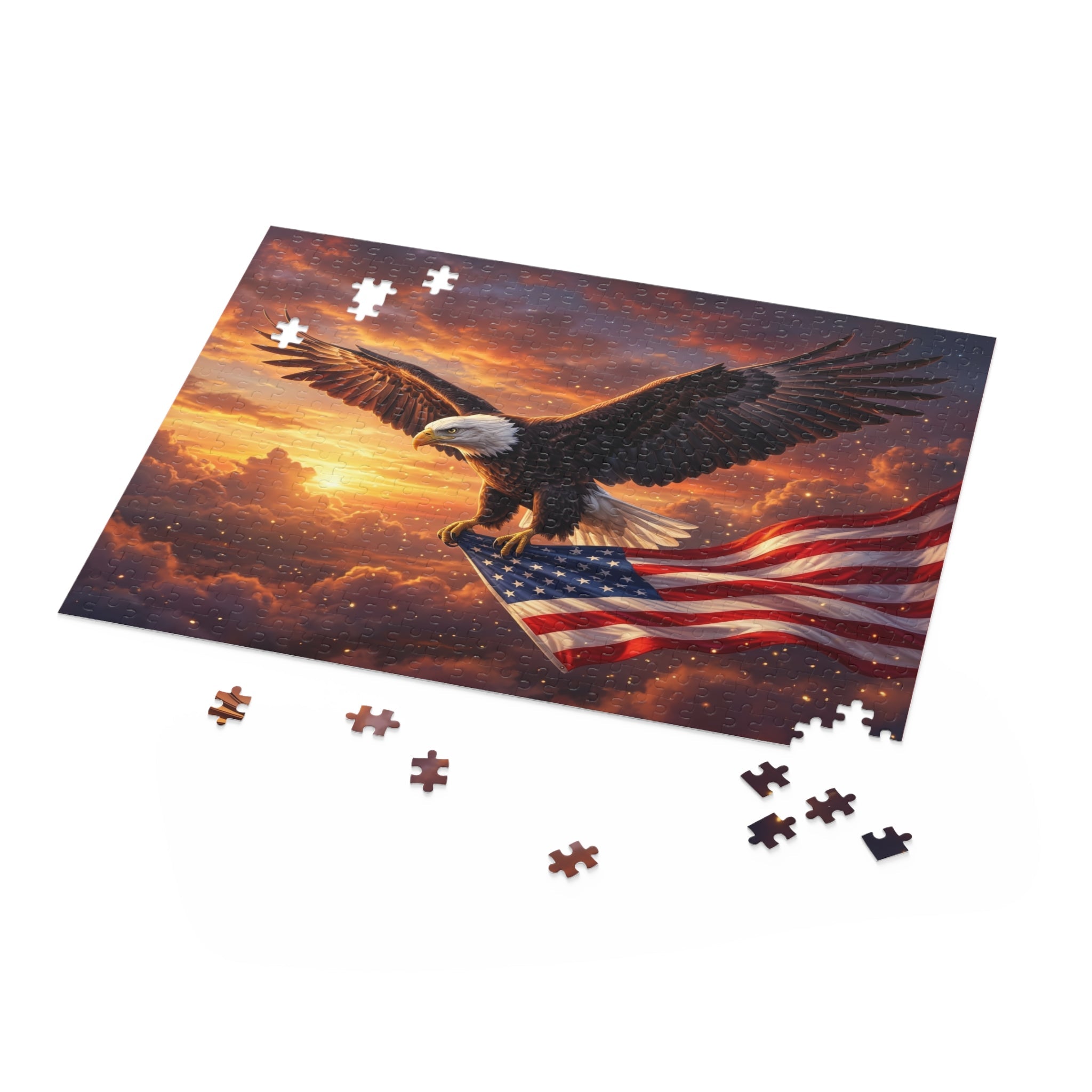 Patriotic Eagle & American Flag Puzzle — Scenic Sunset Custom Puzzle (120/252/500 pcs) - PatriotDepot.com