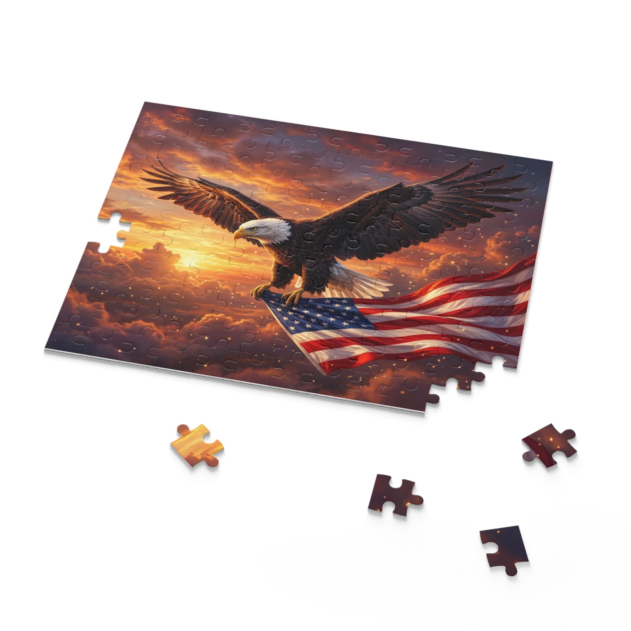 Patriotic Eagle & American Flag Puzzle — Scenic Sunset Custom Puzzle (120/252/500 pcs) - PatriotDepot.com