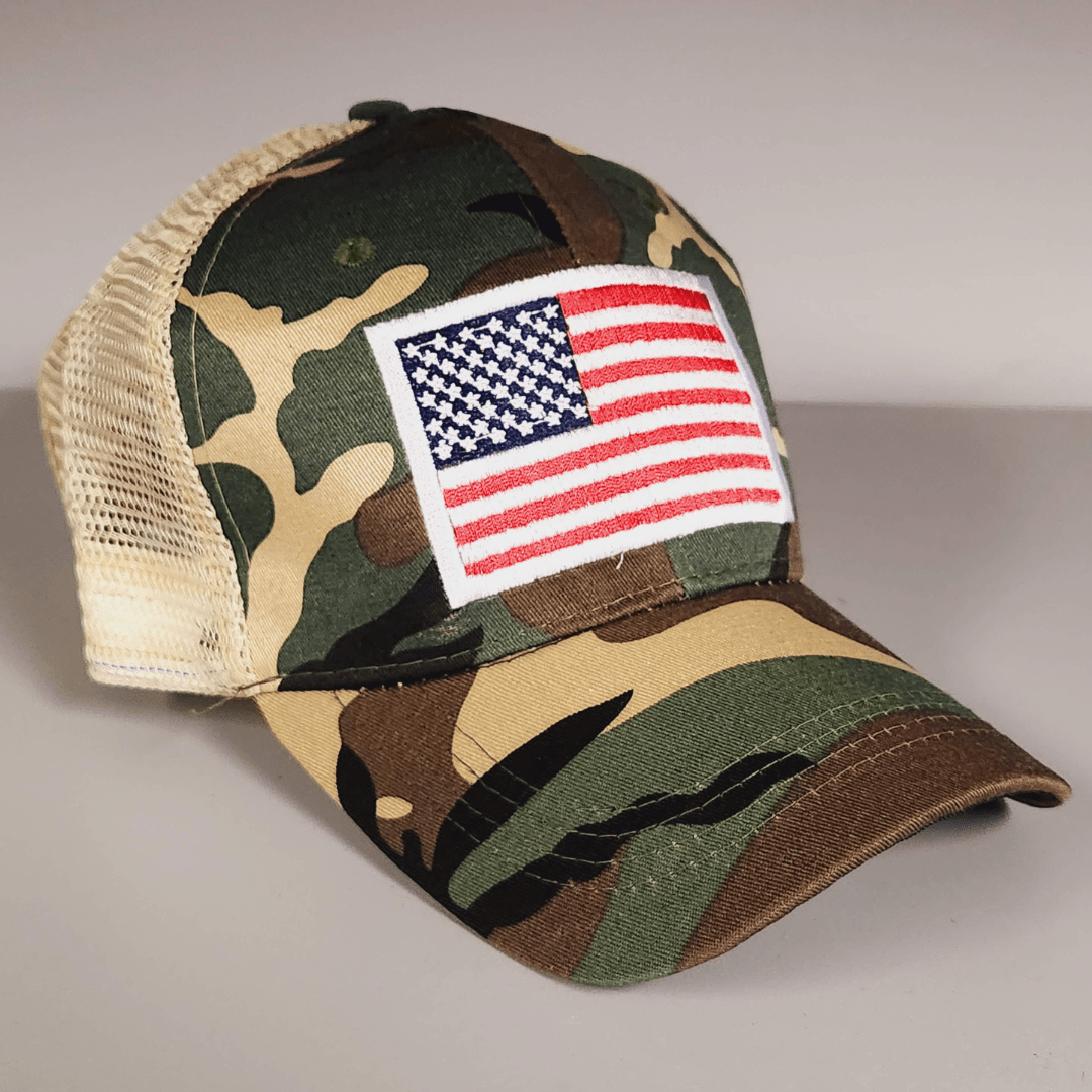 Patriotic Flag Patch Embroidered Trucker Hat (Camo) - PatriotDepot.com