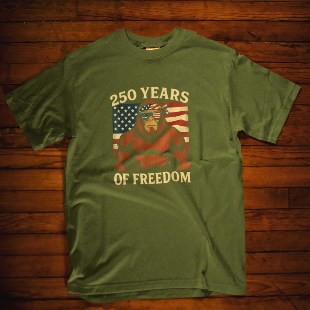 Patriotic Squatchin’ for Freedom – 250 Years Strong T-Shirt - PatriotDepot.com