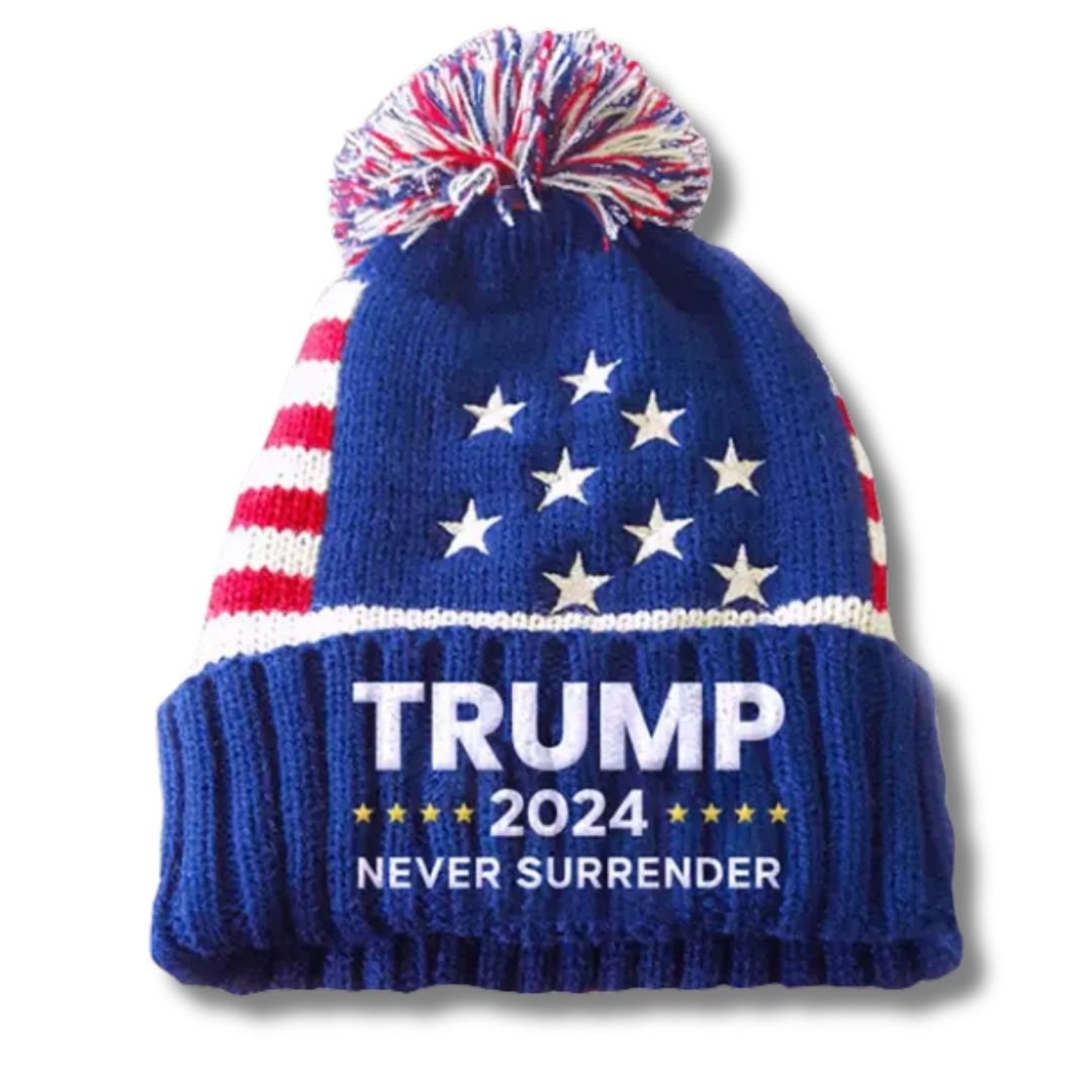 Patriotic Trump Never Surrender Pom - Pom Beanie - PatriotDepot.com