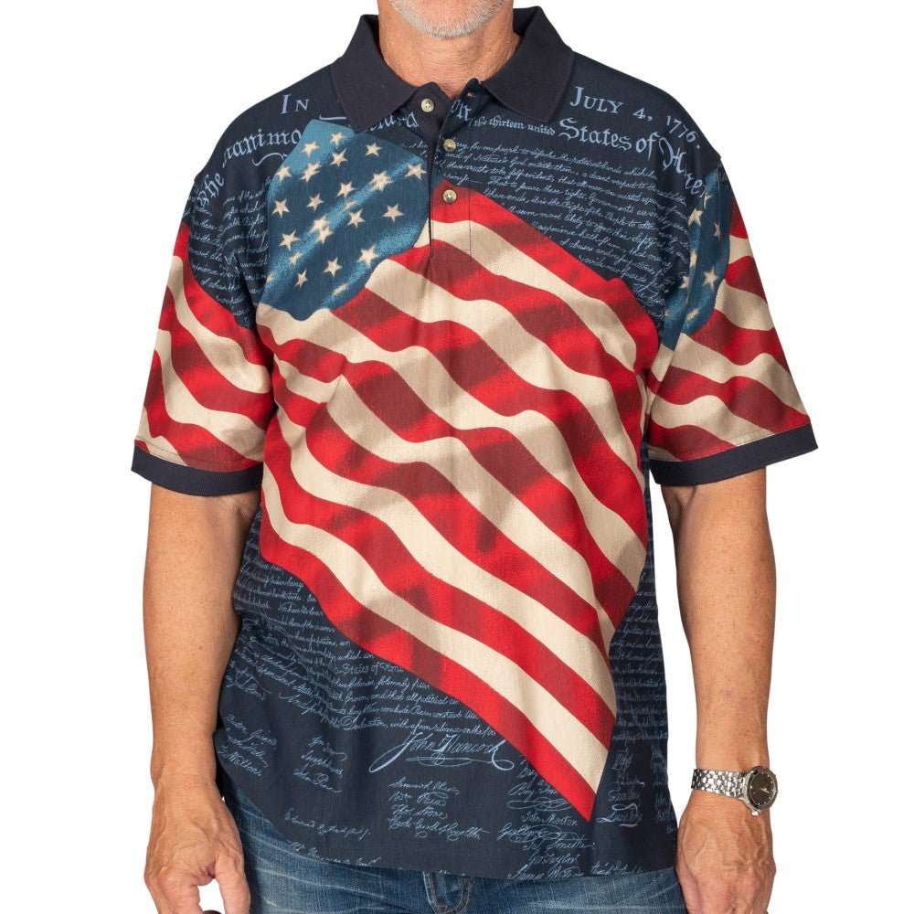 Patriotic Waving American Flag Polo Shirt (100% Cotton) - PatriotDepot.com