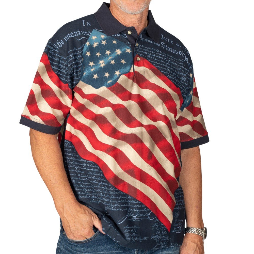 Patriotic Waving American Flag Polo Shirt (100% Cotton) - PatriotDepot.com