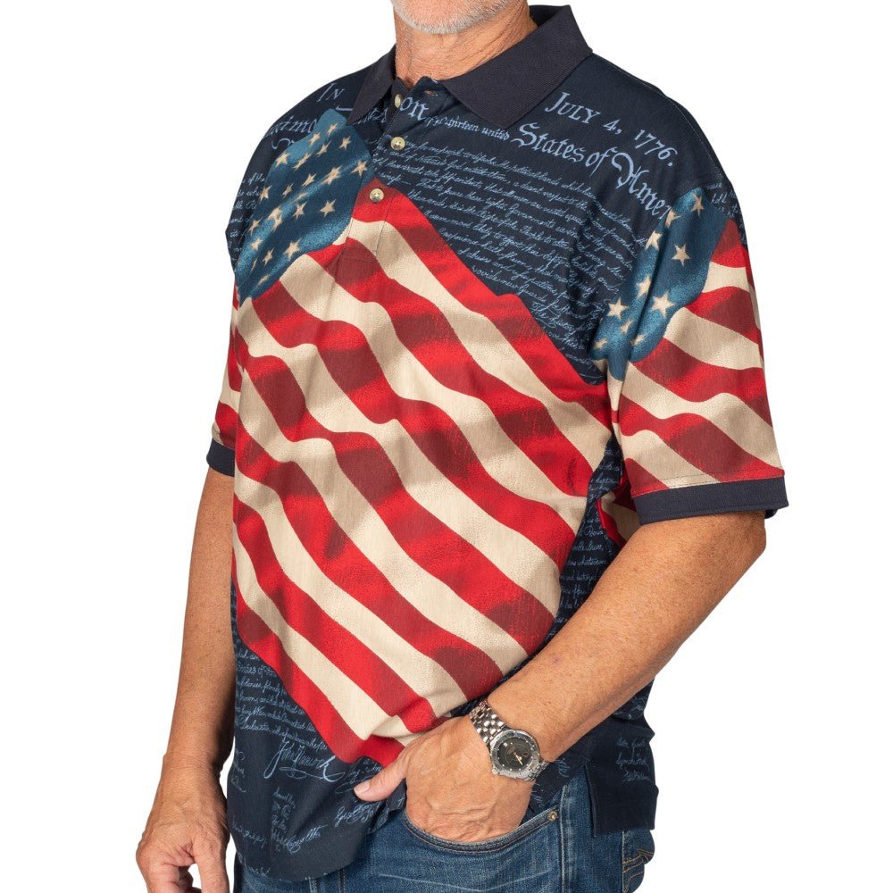 Patriotic Waving American Flag Polo Shirt (100% Cotton) - PatriotDepot.com