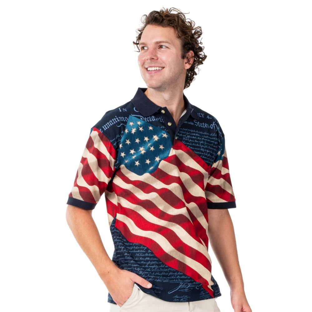 Patriotic Waving American Flag Polo Shirt (100% Cotton) - PatriotDepot.com