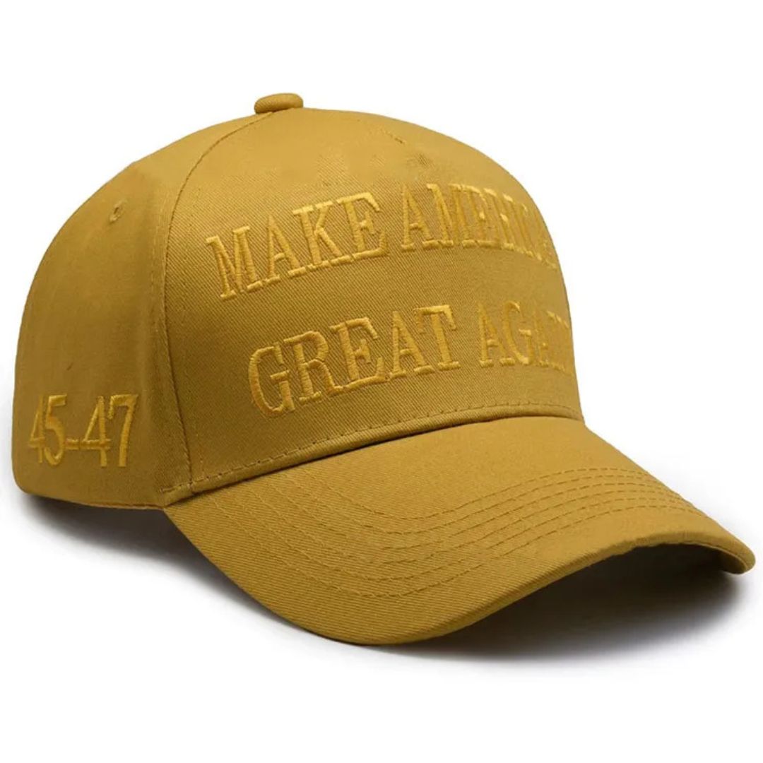Premium Make America Great Again 45 - 47 Embroidered Hat (Gold) 3 Sided Design - PatriotDepot.com