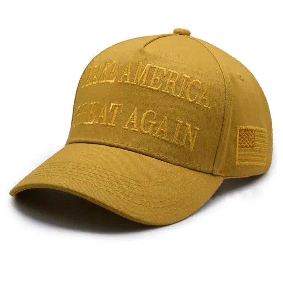 Premium Make America Great Again 45 - 47 Embroidered Hat (Gold) 3 Sided Design - PatriotDepot.com