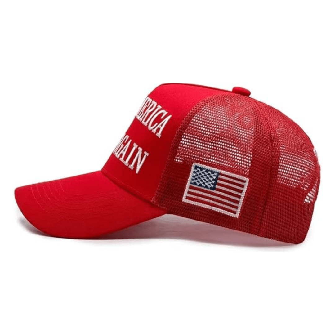 Premium Make America Great Again 45 - 47 Embroidered Trucker Hat (Red) 4 Sided Design - PatriotDepot.com