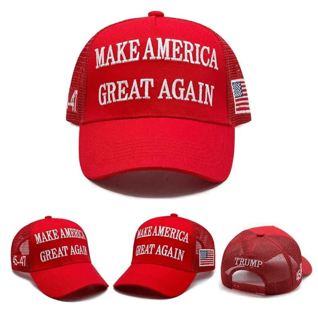 Premium Make America Great Again 45 - 47 Embroidered Trucker Hat (Red) 4 Sided Design - PatriotDepot.com