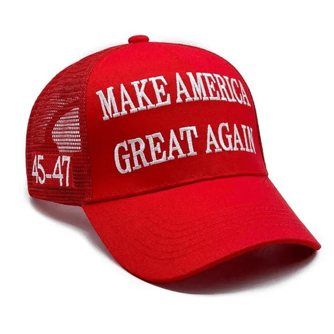 Premium Make America Great Again 45 - 47 Embroidered Trucker Hat (Red) 4 Sided Design - PatriotDepot.com