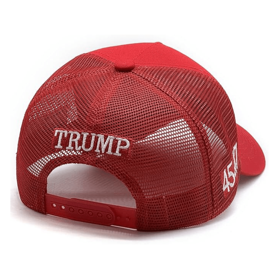 Premium Make America Great Again 45 - 47 Embroidered Trucker Hat (Red) 4 Sided Design - PatriotDepot.com
