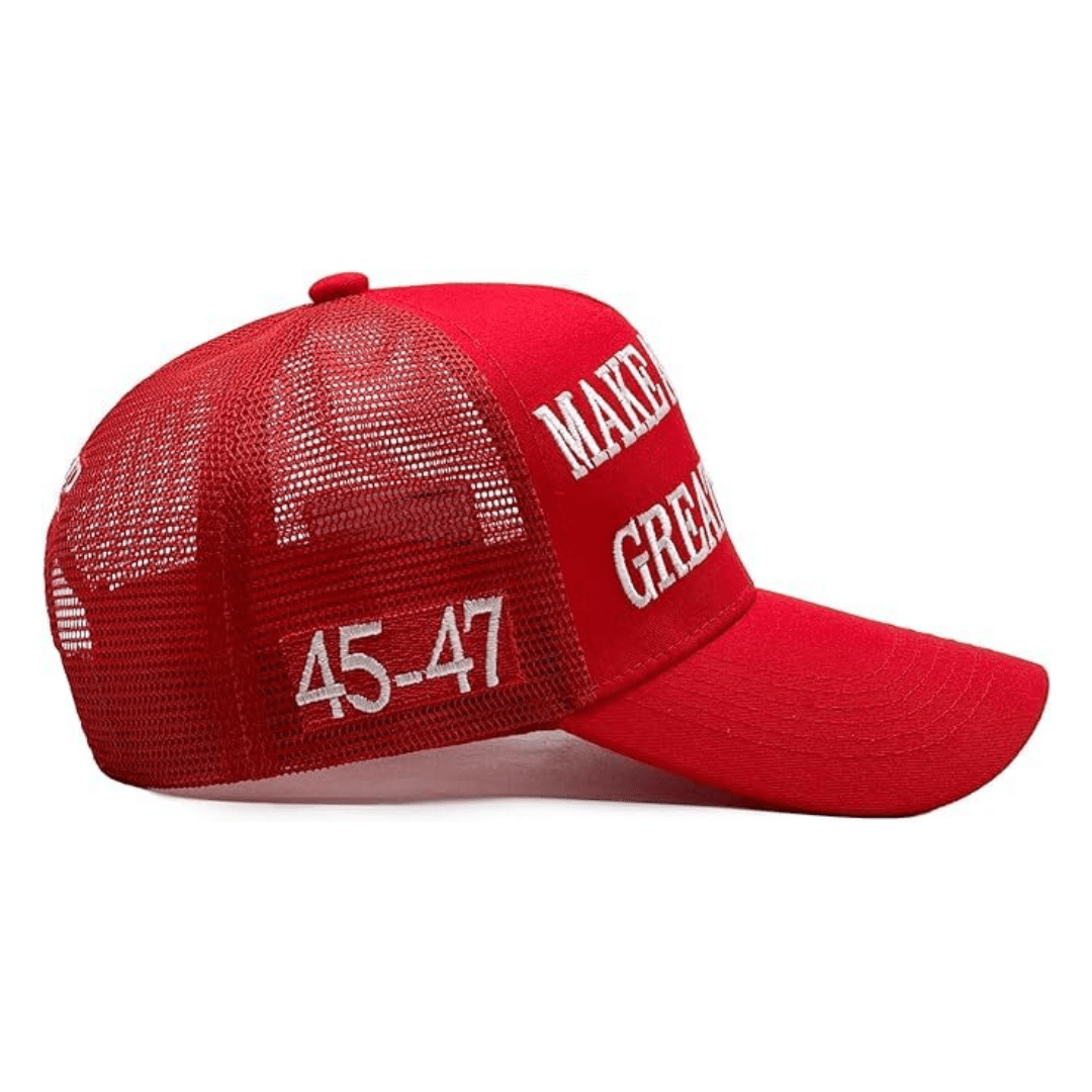 Premium Make America Great Again 45 - 47 Embroidered Trucker Hat (Red) 4 Sided Design - PatriotDepot.com