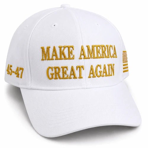 Premium Make America Great Again Embroidered Hat (White & Yellow) 4 Sided Design - PatriotDepot.com