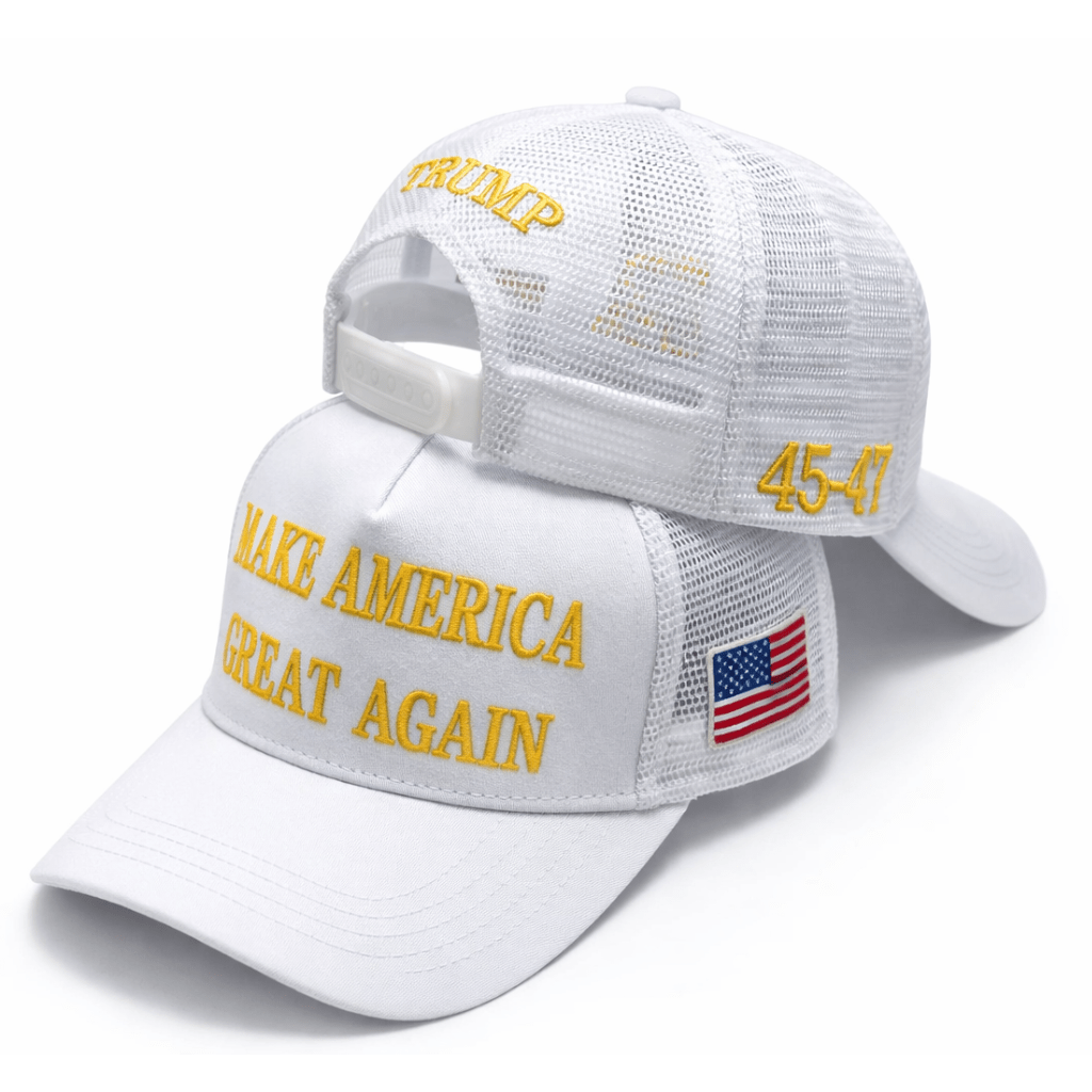 Premium Make America Great again Embroidered Trucker Hat (White) 4 Sided Design - PatriotDepot.com