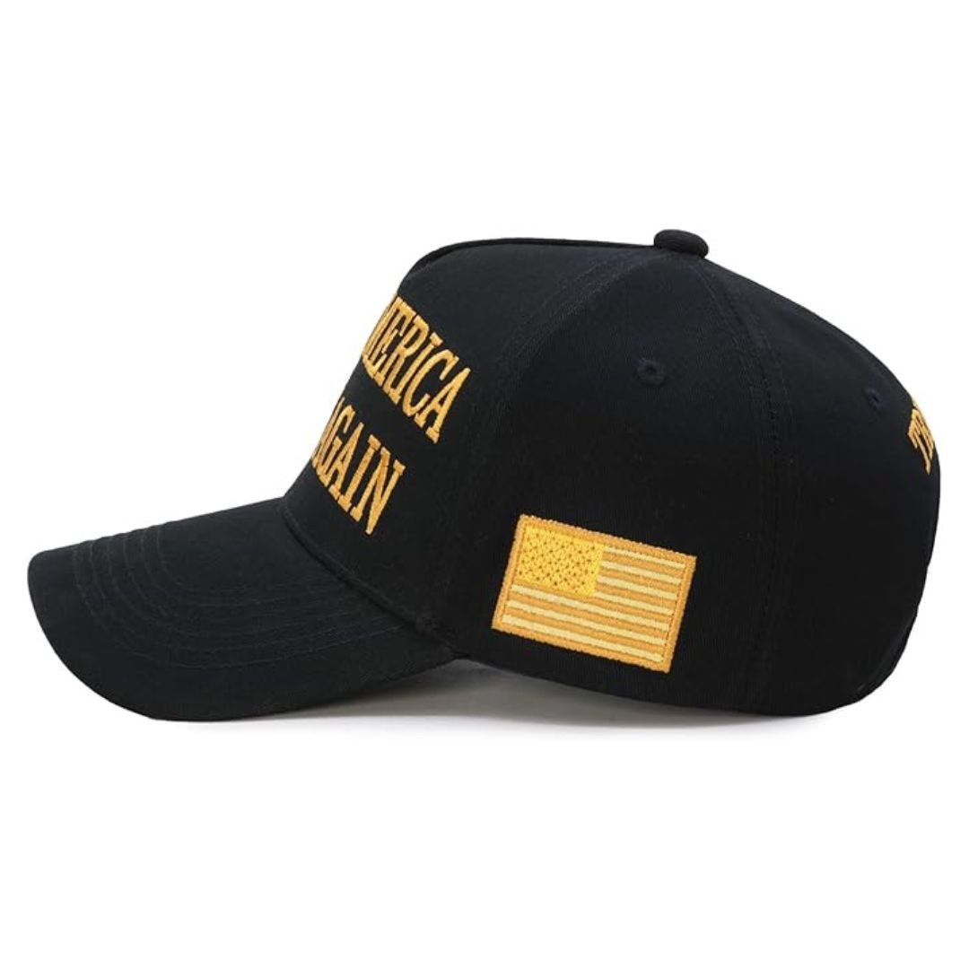 Premium Make America Great Again Never Surrender Embroidered Hat (Black/Gold) 4 Sided Design - PatriotDepot.com