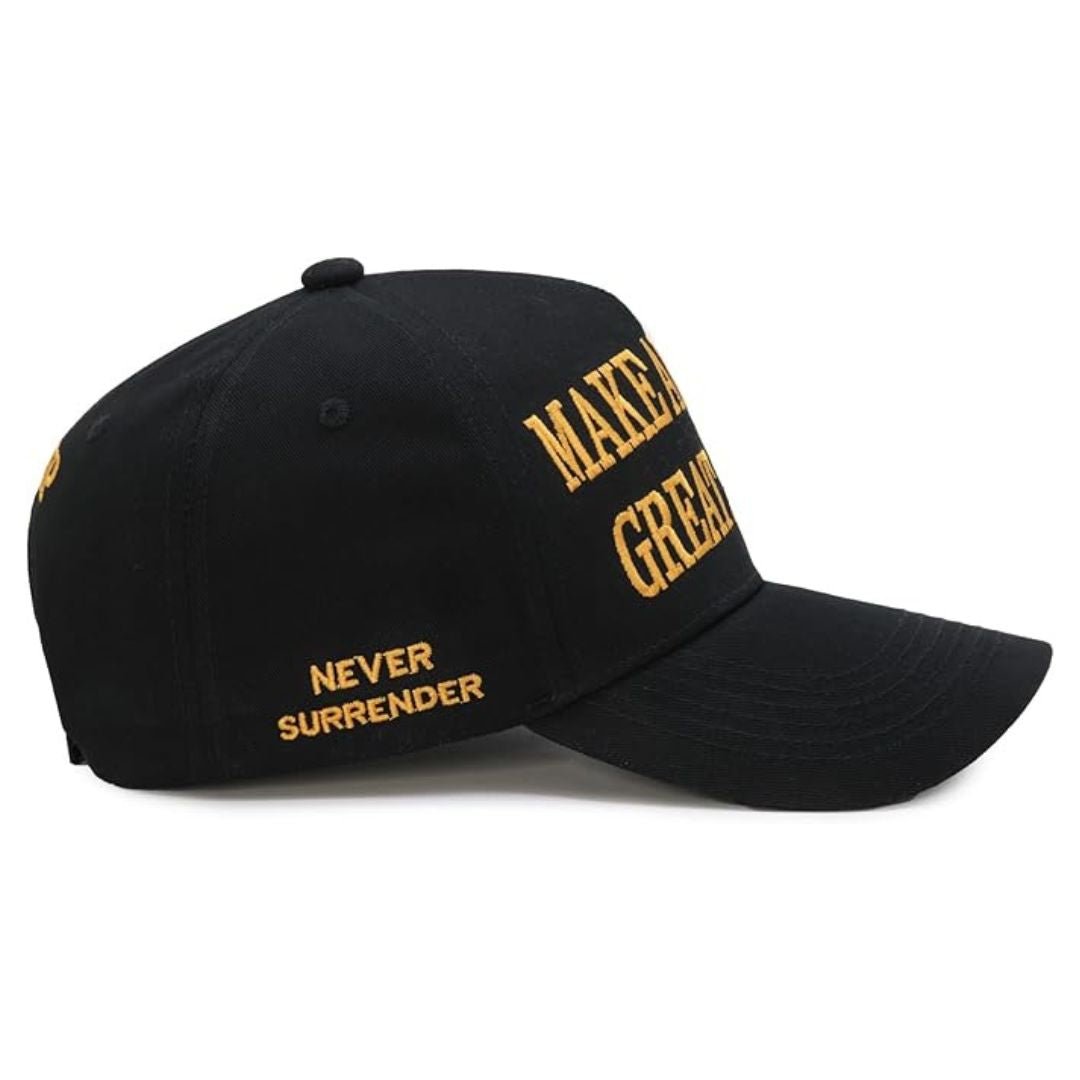 Premium Make America Great Again Never Surrender Embroidered Hat (Black/Gold) 4 Sided Design - PatriotDepot.com