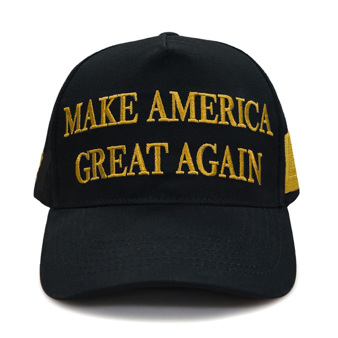 Premium Make America Great Again Never Surrender Embroidered Hat (Black/Gold) 4 Sided Design - PatriotDepot.com
