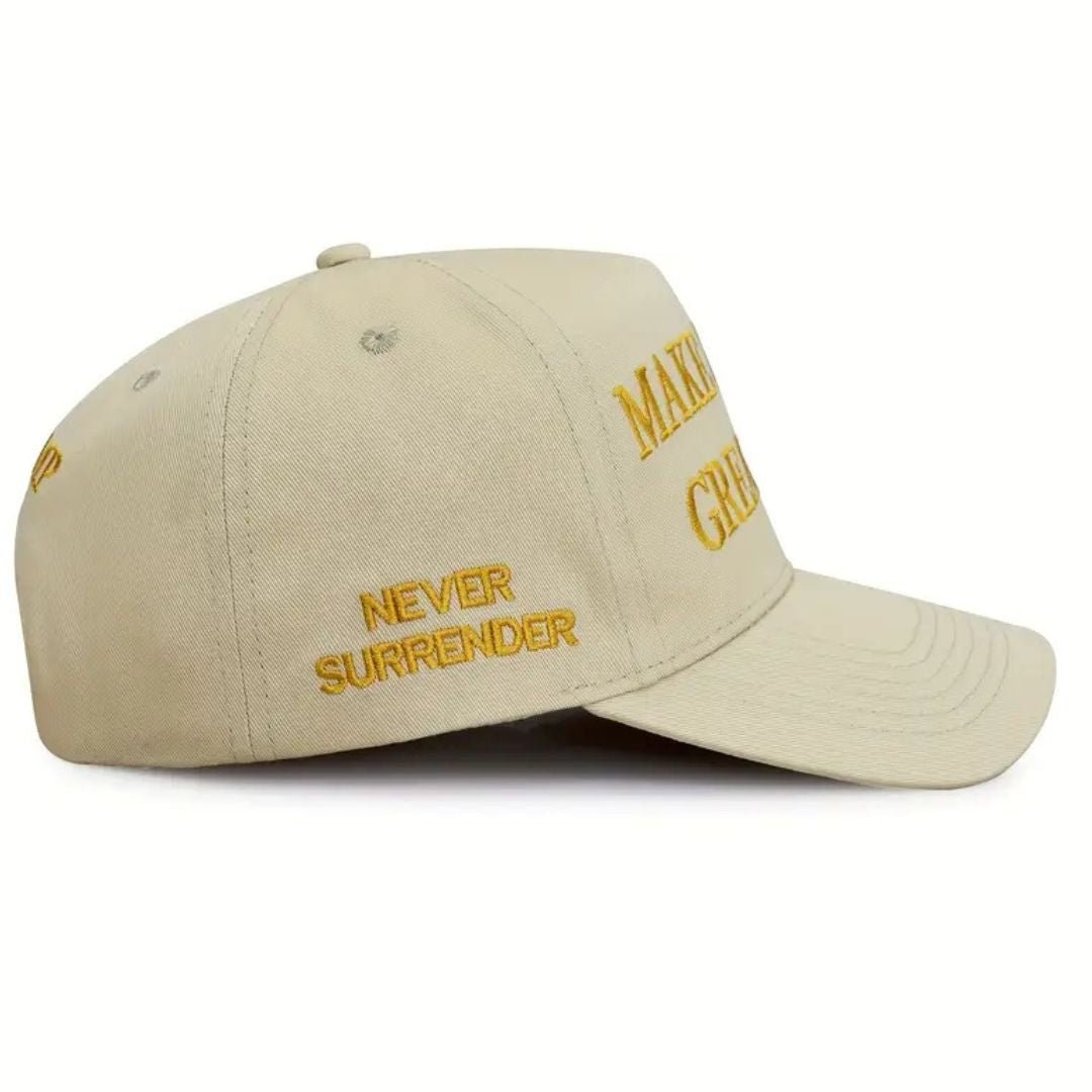 Premium Make America Great Again Never Surrender Embroidered Hat (Khaki/Gold) 4 Sided Design - PatriotDepot.com